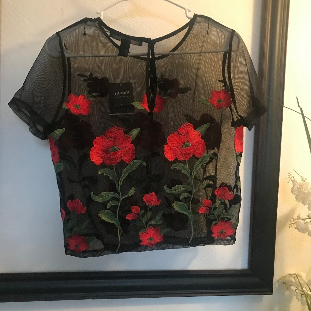 Black sheer top red rose embroidered  medium